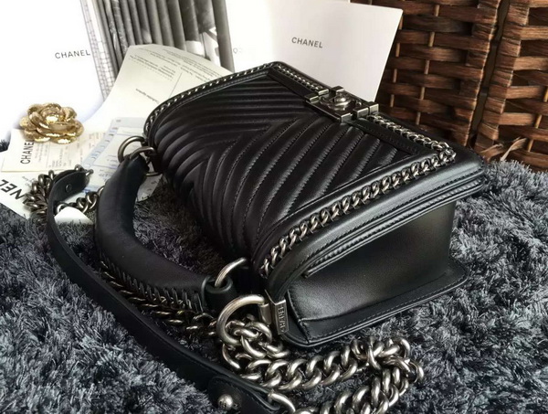 Chanel Chevron Le Boy Handle Bag Black Lambskin for Sale