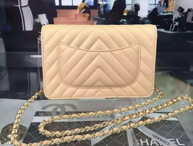 Chanel Chevron Wallet On Chain Beige Lambskin for Sale