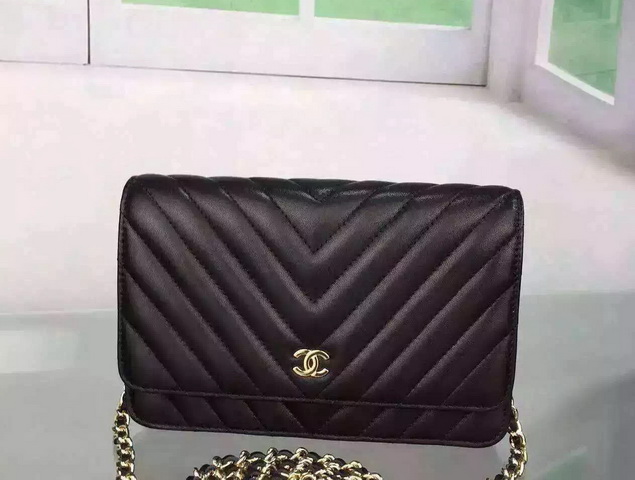 Chanel Chevron Wallet On Chain Black Lambskin for Sale