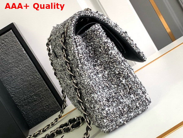 Chanel Classic 11 12 Handbag Black and White Tweed Silver Tone Metal Ref A01112 Replica