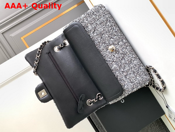 Chanel Classic 11 12 Handbag Black and White Tweed Silver Tone Metal Ref A01112 Replica