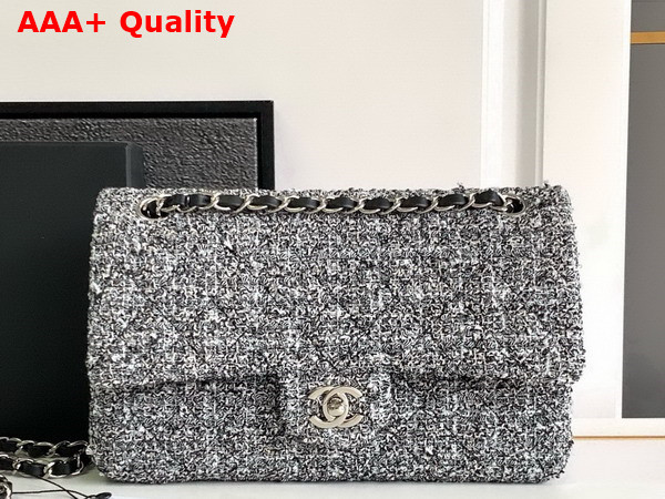 Chanel Classic 11 12 Handbag Black and White Tweed Silver Tone Metal Ref A01112 Replica