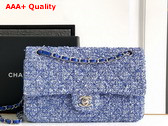 Chanel Classic 11 12 Handbag Blue and White Tweed Silver Tone Metal Ref A01112 Replica