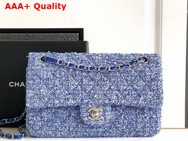 Chanel Classic 11 12 Handbag Blue and White Tweed Silver Tone Metal Ref A01112 Replica