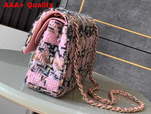 Chanel Classic 11 12 Handbag Wool Tweed Gold Tone Metal Light Pink Black Beige and Ecru A01112 Replica