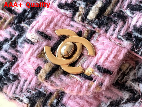 Chanel Classic 11 12 Handbag Wool Tweed Gold Tone Metal Light Pink Black Beige and Ecru A01112 Replica