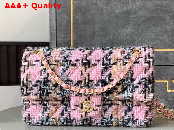 Chanel Classic 11 12 Handbag Wool Tweed Gold Tone Metal Light Pink Black Beige and Ecru A01112 Replica