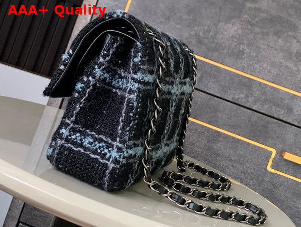 Chanel Classic 11 12 Handbag Wool Tweed Ruthenium Finish Metal Black Light Blue and Gray A01112 Replica