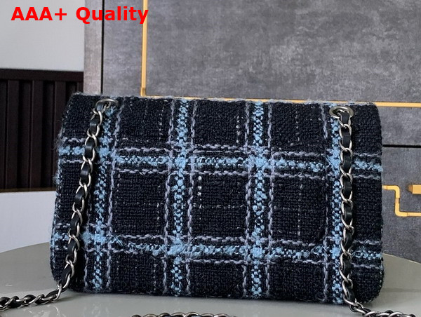 Chanel Classic 11 12 Handbag Wool Tweed Ruthenium Finish Metal Black Light Blue and Gray A01112 Replica