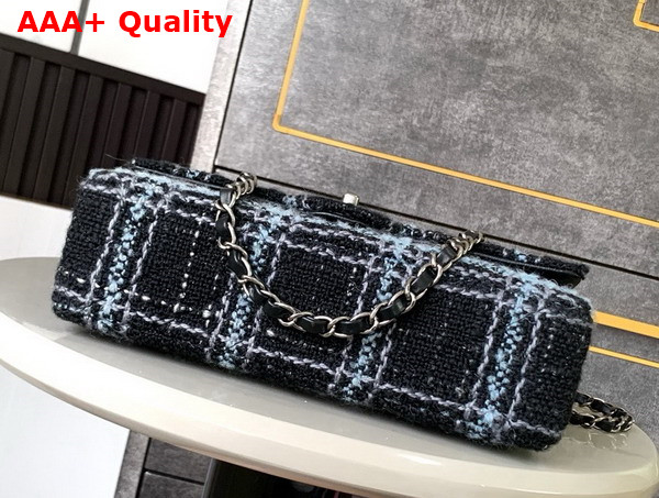 Chanel Classic 11 12 Handbag Wool Tweed Ruthenium Finish Metal Black Light Blue and Gray A01112 Replica