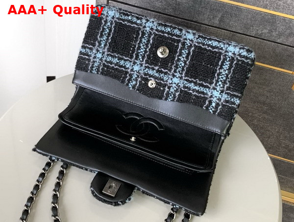 Chanel Classic 11 12 Handbag Wool Tweed Ruthenium Finish Metal Black Light Blue and Gray A01112 Replica