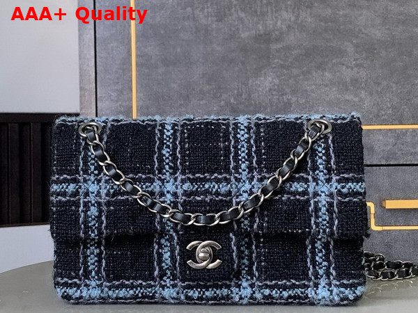 Chanel Classic 11 12 Handbag Wool Tweed Ruthenium Finish Metal Black Light Blue and Gray A01112 Replica