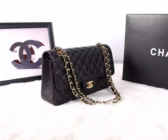 Chanel Classic Caviar Flap Bag Black Gold Chain for Sale