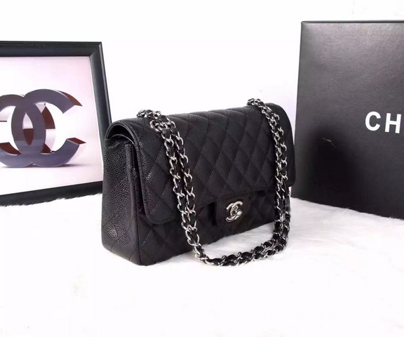 Chanel Classic Caviar Flap Bag Black Silver Chain for Sale