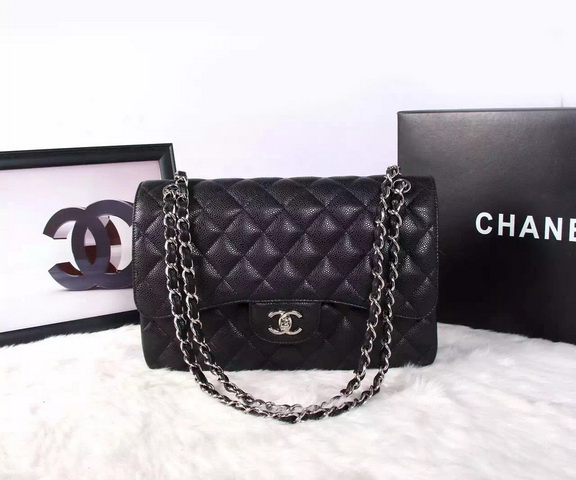 Chanel Classic Caviar Flap Bag Black Silver Chain for Sale