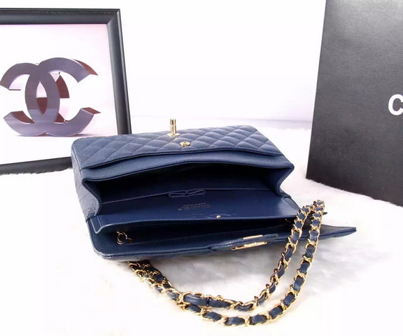 Chanel Classic Caviar Flap Bag Navy Blue Gold Chain for Sale