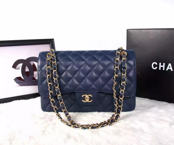 Chanel Classic Caviar Flap Bag Navy Blue Gold Chain for Sale