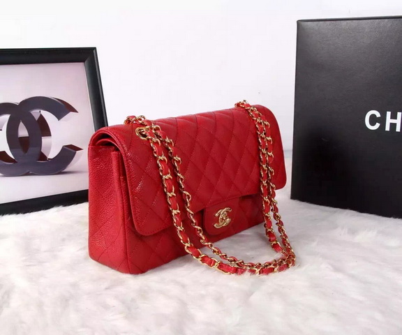 Chanel Classic Caviar Flap Bag Red Gold Chain for Sale