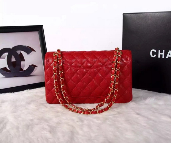 Chanel Classic Caviar Flap Bag Red Gold Chain for Sale