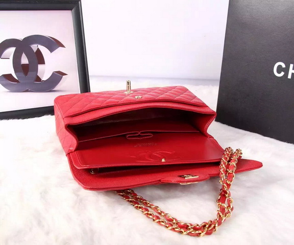 Chanel Classic Caviar Flap Bag Red Gold Chain for Sale