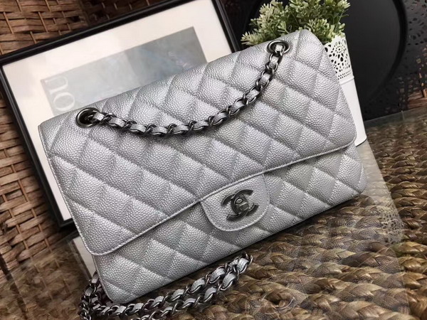 Chanel Classic Caviar Flap Bag Silver with Silver Tone Metal For Sale