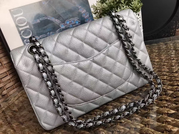 Chanel Classic Caviar Flap Bag Silver with Silver Tone Metal For Sale