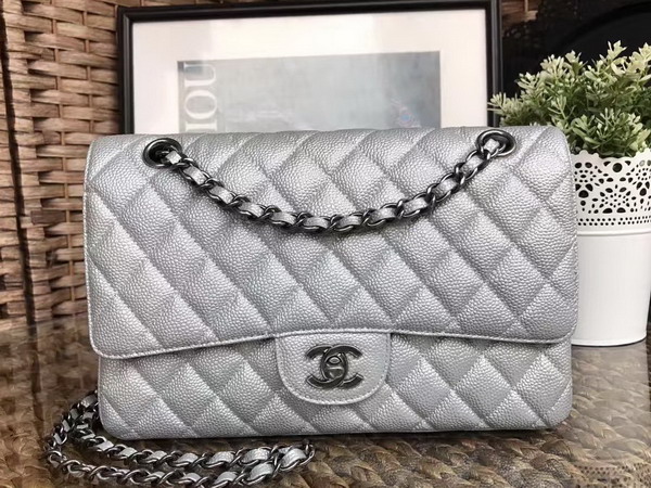 Chanel Classic Caviar Flap Bag Silver with Silver Tone Metal For Sale