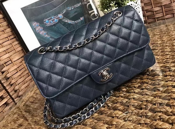 Chanel Classic Caviar Flap Bag in Navy Blue with Silver Hardware For Sale