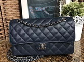 Chanel Classic Caviar Flap Bag in Navy Blue with Silver Hardware For Sale