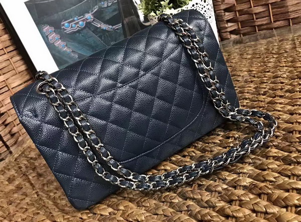 Chanel Classic Caviar Flap Bag in Navy Blue with Silver Hardware For Sale