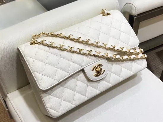 Chanel Classic Caviar Flap Bag in White with Gold Hardware