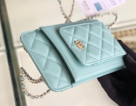 Chanel Classic Clutch with Chain Lambskin and Gold Tone Metal Turquoise AP0990