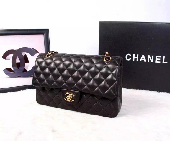 Chanel Classic Flap Bag Black Lambskin Gold Chain for Sale