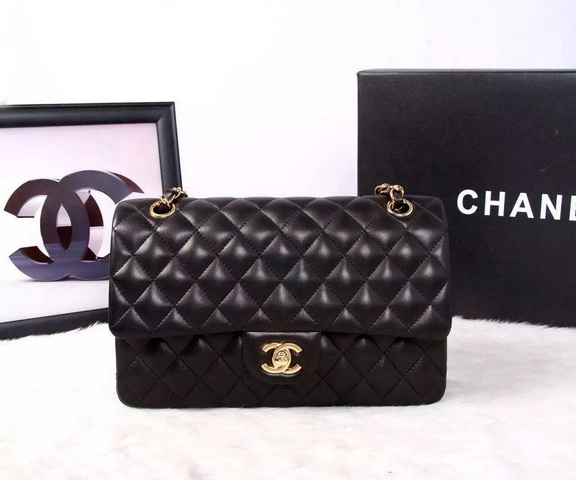 Chanel Classic Flap Bag Black Lambskin Gold Chain for Sale