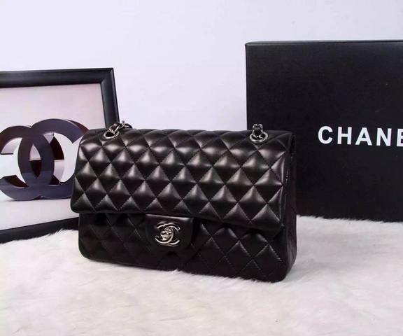 Chanel Classic Flap Bag Black Lambskin Silver Chain for Sale