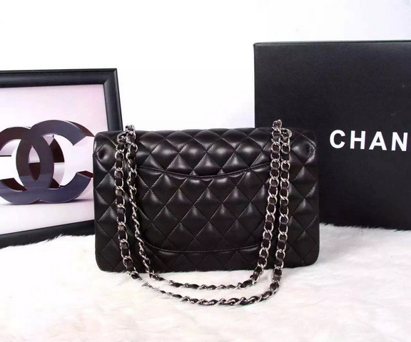 Chanel Classic Flap Bag Black Lambskin Silver Chain for Sale