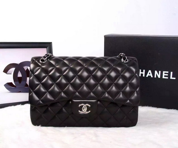 Chanel Classic Flap Bag Black Lambskin Silver Chain for Sale