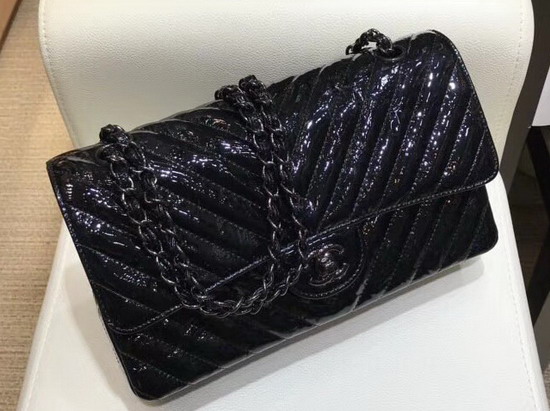 Chanel Classic Flap Bag Black Patent Crumpled Calfskin