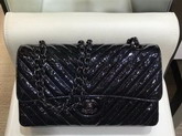 Chanel Classic Flap Bag Black Patent Crumpled Calfskin