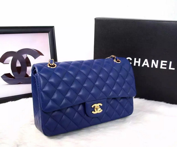 Chanel Classic Flap Bag Blue Lambskin Gold Chain for Sale