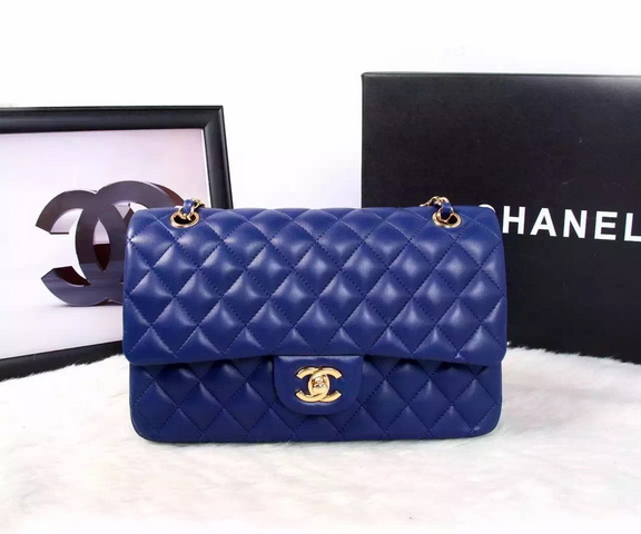 Chanel Classic Flap Bag Blue Lambskin Gold Chain for Sale