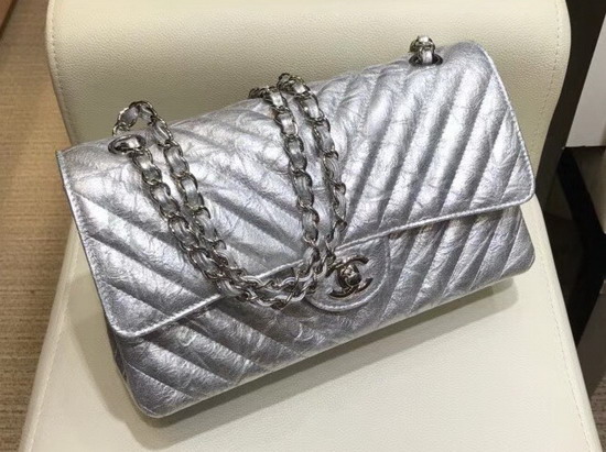 Chanel Classic Flap Bag Metallic Silver Crackle Calfskin