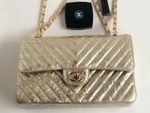 Chanel Classic Flap Bag Patent Metallic Crumpled Calfskin Light Gold Tone Metal