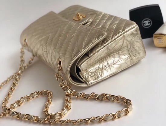 Chanel Classic Flap Bag Patent Metallic Crumpled Calfskin Light Gold Tone Metal