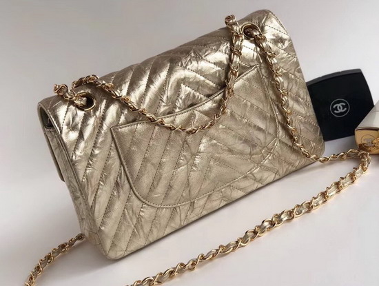 Chanel Classic Flap Bag Patent Metallic Crumpled Calfskin Light Gold Tone Metal