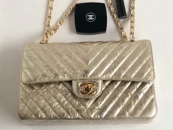 Chanel Classic Flap Bag Patent Metallic Crumpled Calfskin Light Gold Tone Metal