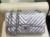 Chanel Classic Flap Bag Patent Metallic Crumpled Calfskin Silver Tone Metal