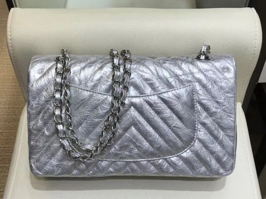 Chanel Classic Flap Bag Patent Metallic Crumpled Calfskin Silver Tone Metal