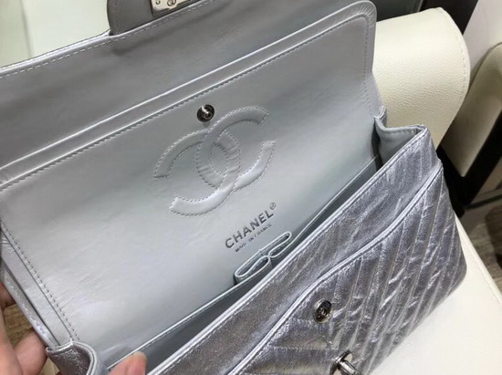 Chanel Classic Flap Bag Patent Metallic Crumpled Calfskin Silver Tone Metal