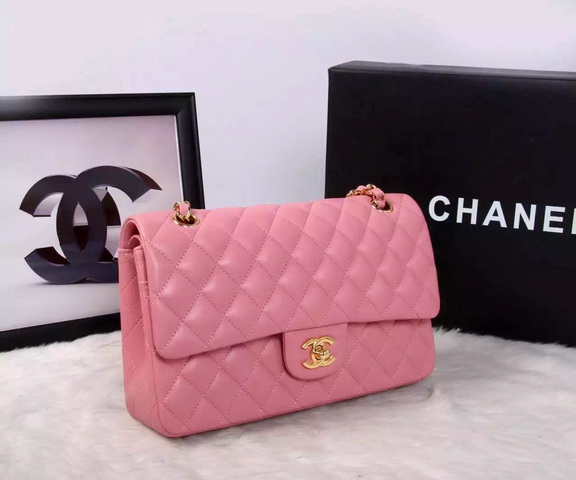 Chanel Classic Flap Bag Pink Lambskin Gold Chain for Sale